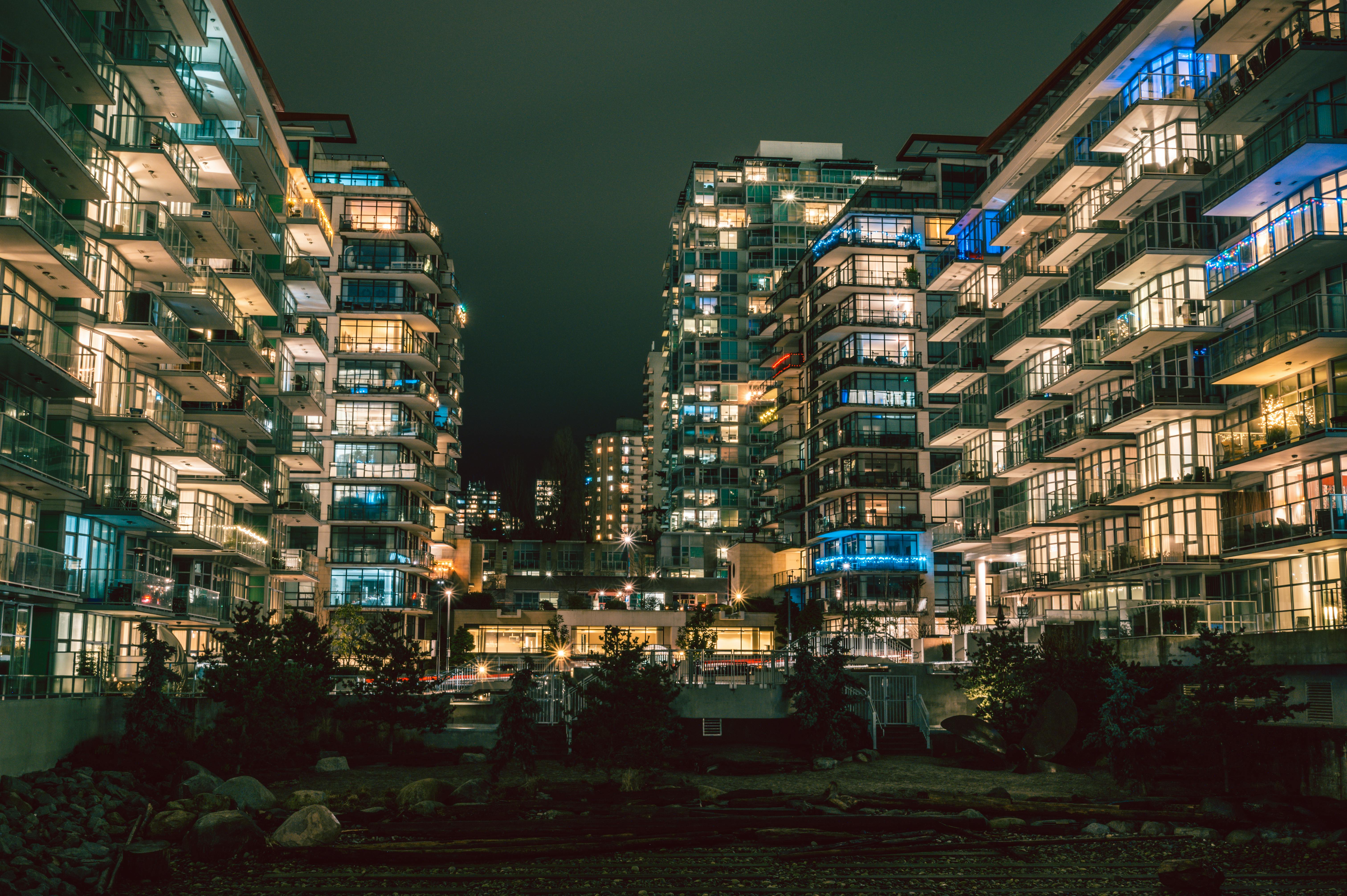 A mid-rise residential apartment building exterior