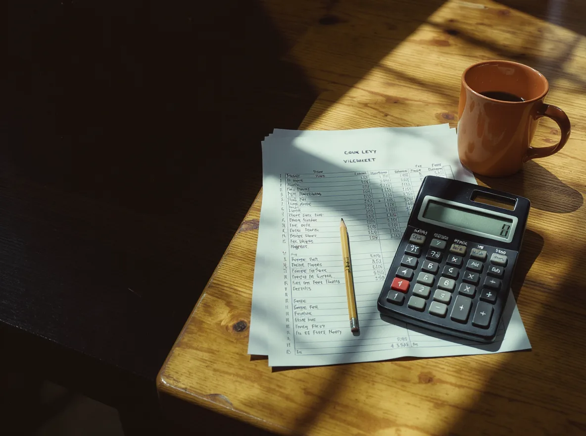A calculator and council budget papers on a sunlit table