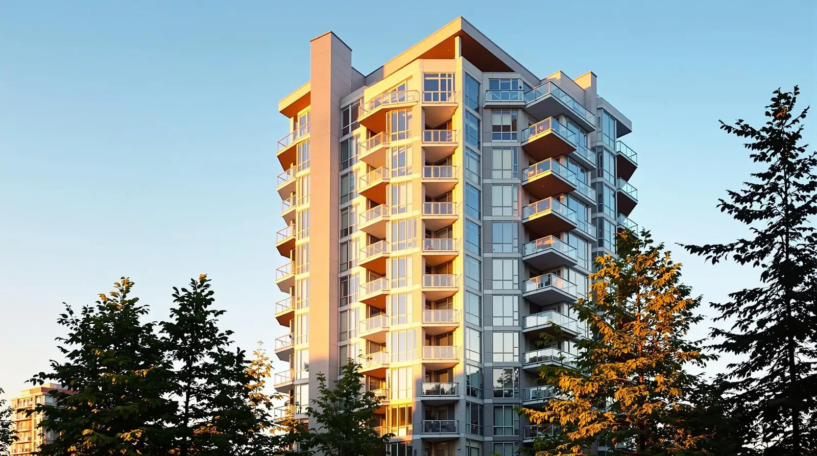A BC lowrise building in golden evening light