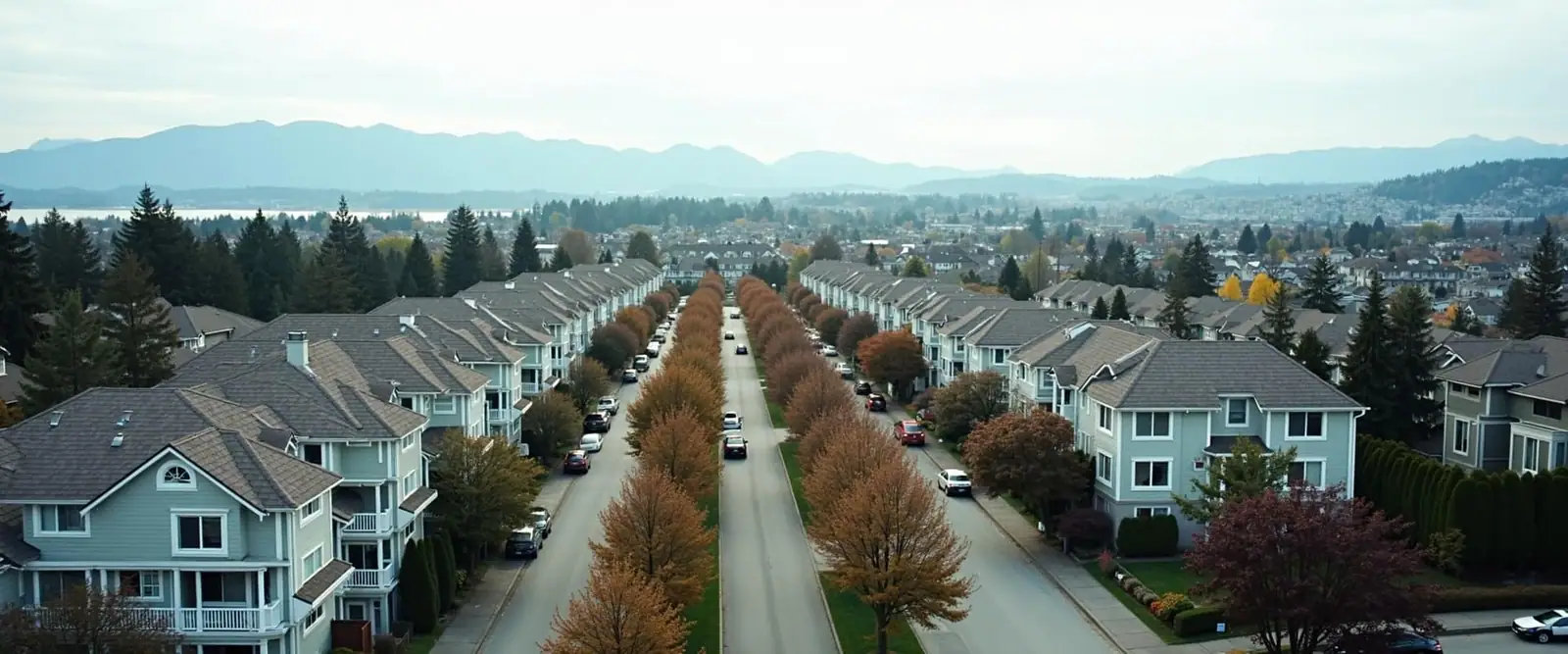 An aerial view of a BC townhouse community in daylight