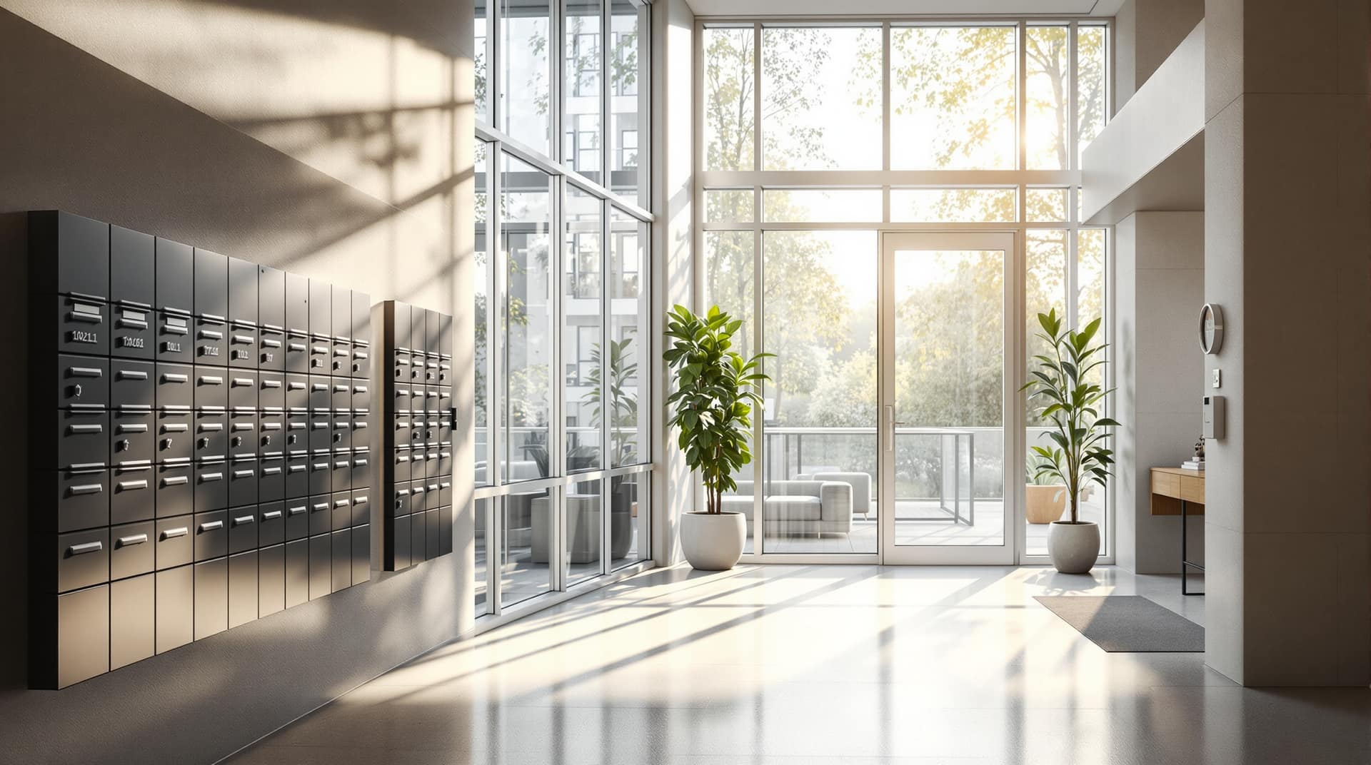 A bright, welcoming residential building lobby in daylight