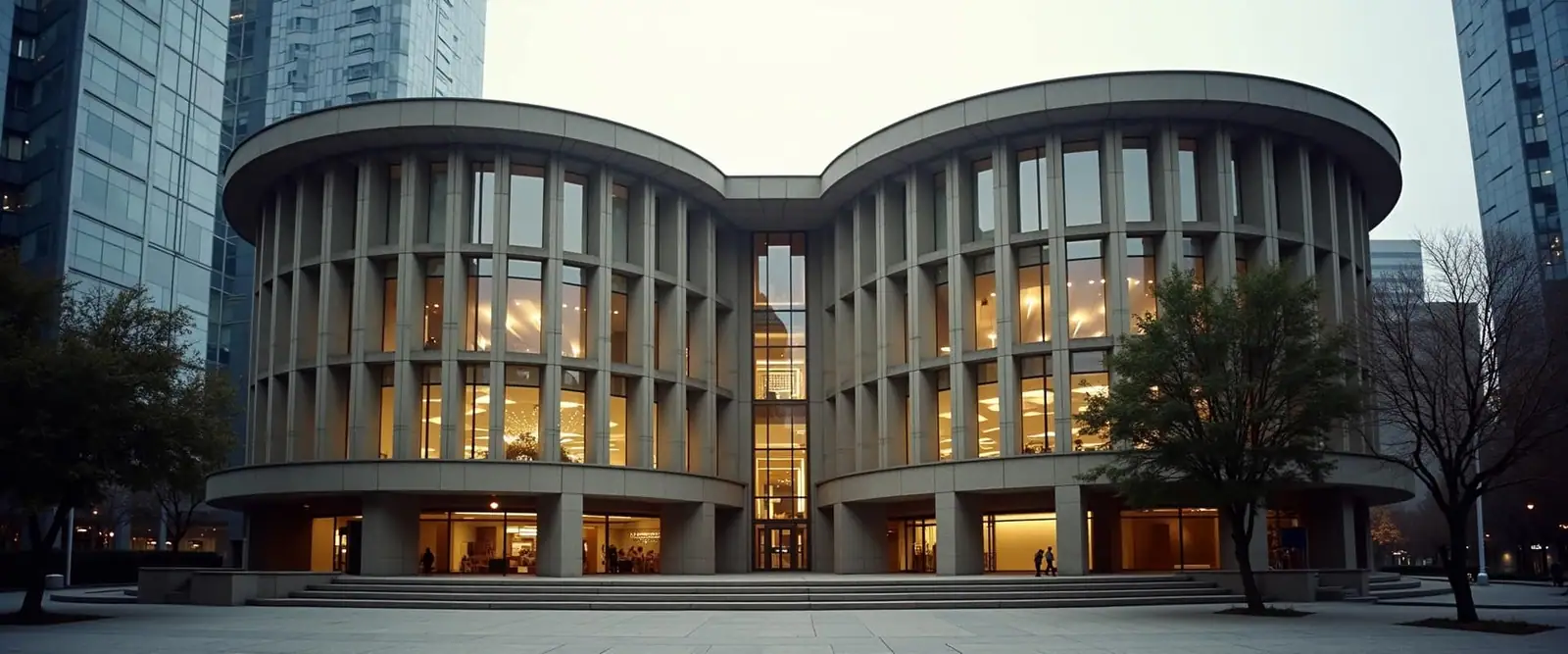 A civic hall at dusk, warm light through tall windows