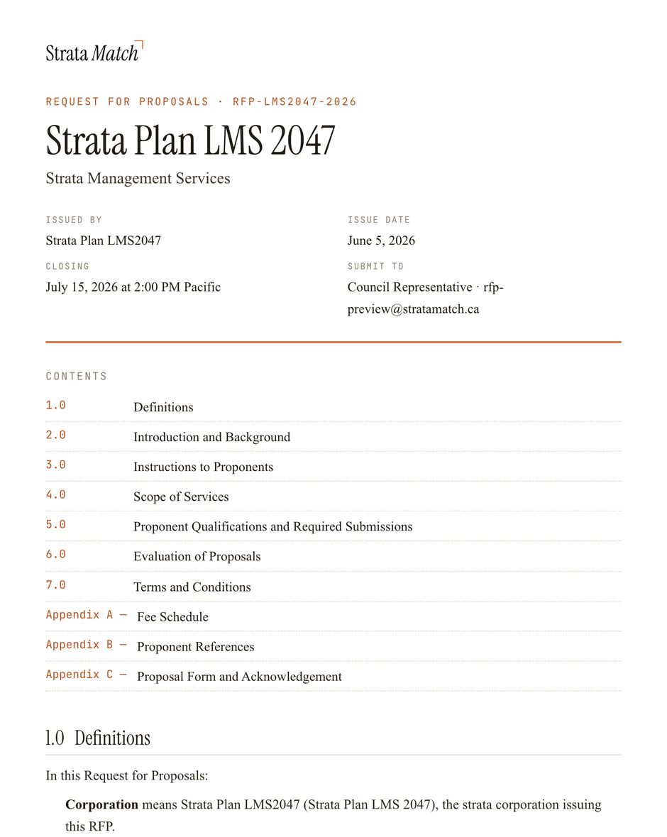 Example Strata Match RFP document cover and contents generated from council answers