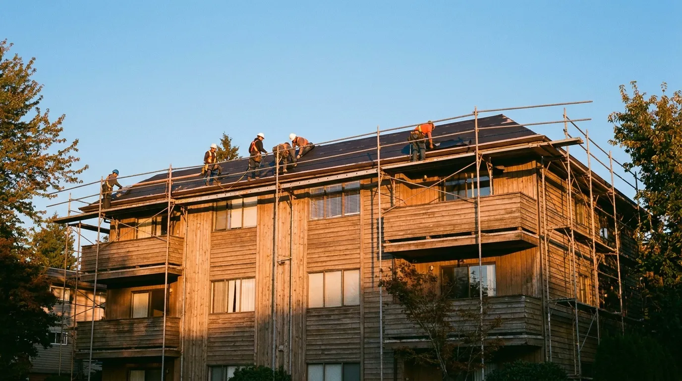 A roofing crew on scaffolding re-roofing a wood-frame strata building in evening light