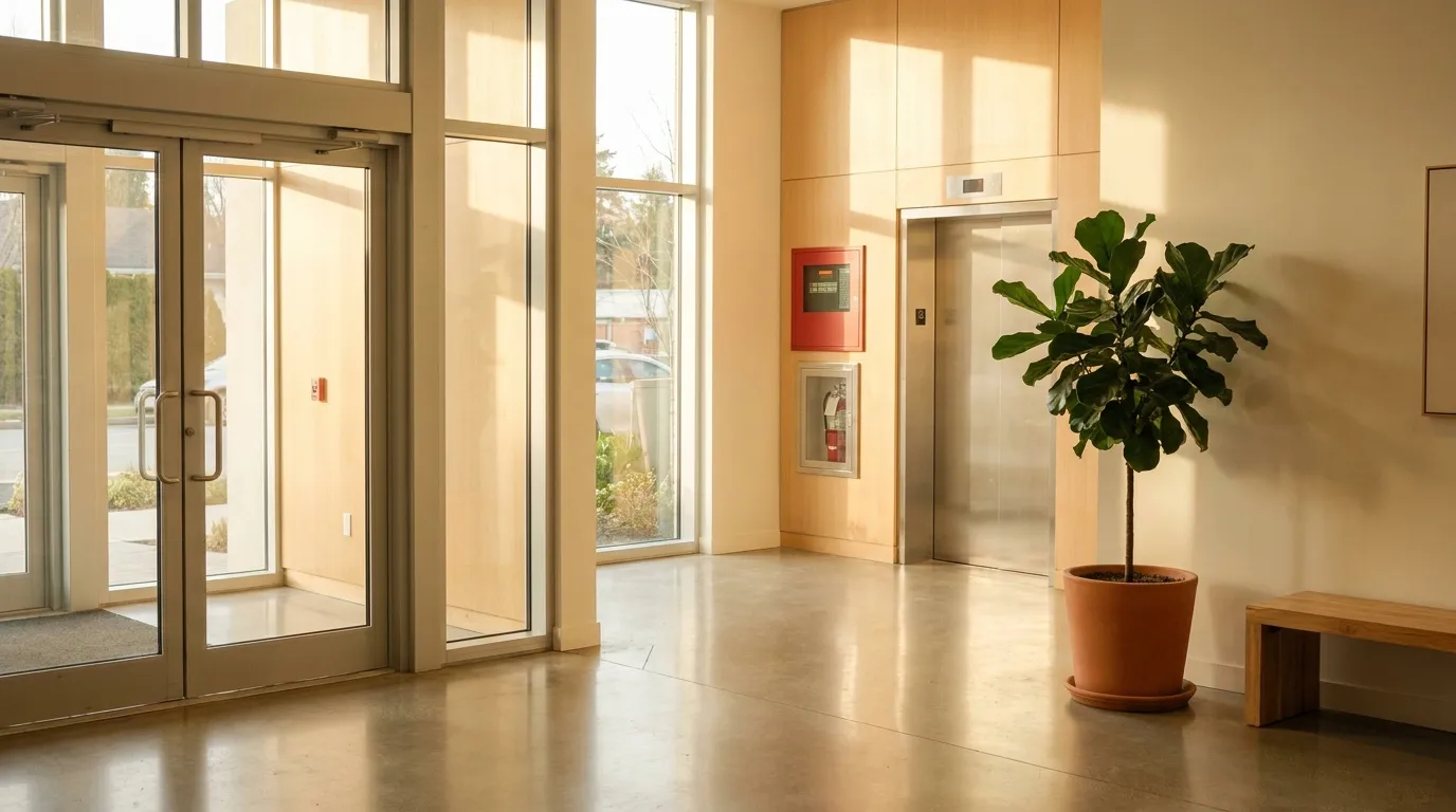 Bright common-area lobby in a strata building