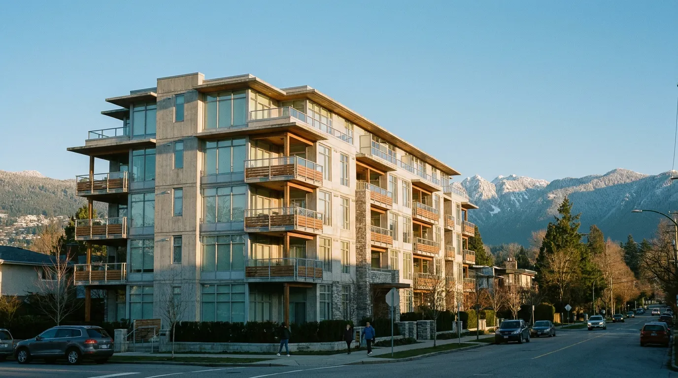A Lonsdale midrise with the North Shore mountains behind