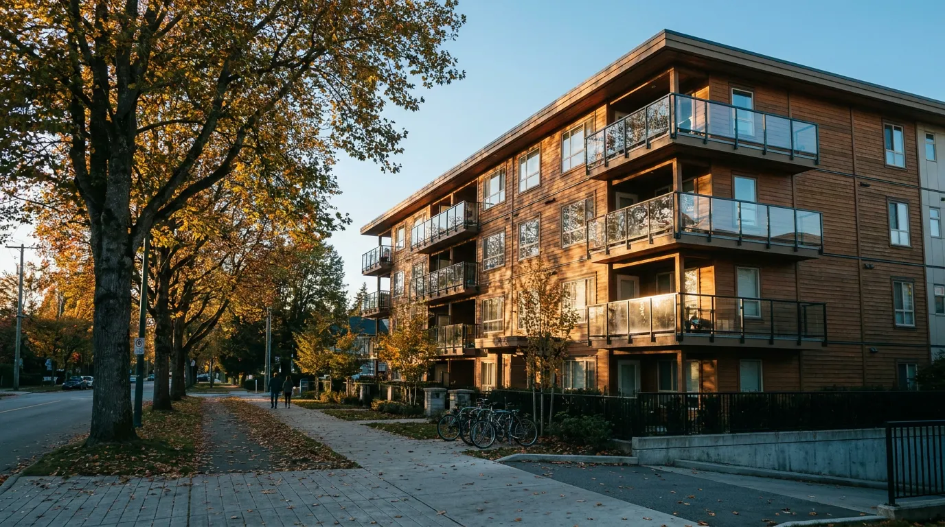 A four-storey wood-frame strata building in late-afternoon sun