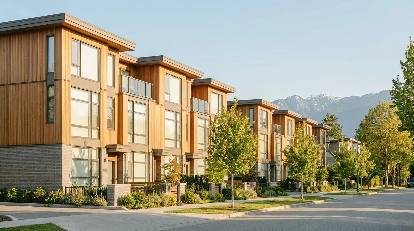 A row of strata townhouses in morning light, mountains behind