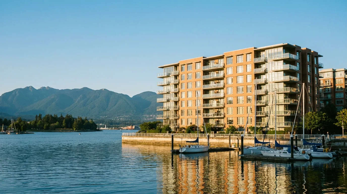 A waterfront condo building on the seawall, sailboats moored in front and the North Shore mountains behind