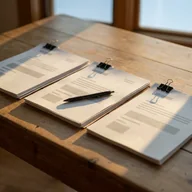 Three clipped quotes laid side by side on a wooden table with a pen