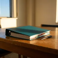 A thick report binder with coloured index tabs on a wooden table