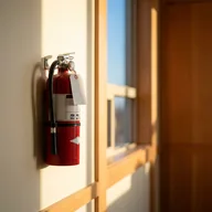 A fire extinguisher with its inspection tag on a sunlit hallway wall