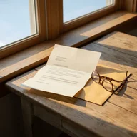 An opened renewal letter on its envelope beside reading glasses, by a sunny window