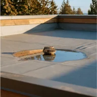 Rainwater pooled around a drain on a flat roof membrane in afternoon sun