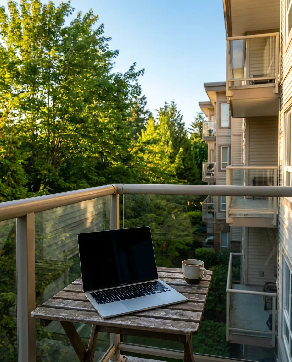 A laptop on a balcony table, condo railings and trees behind in morning light
