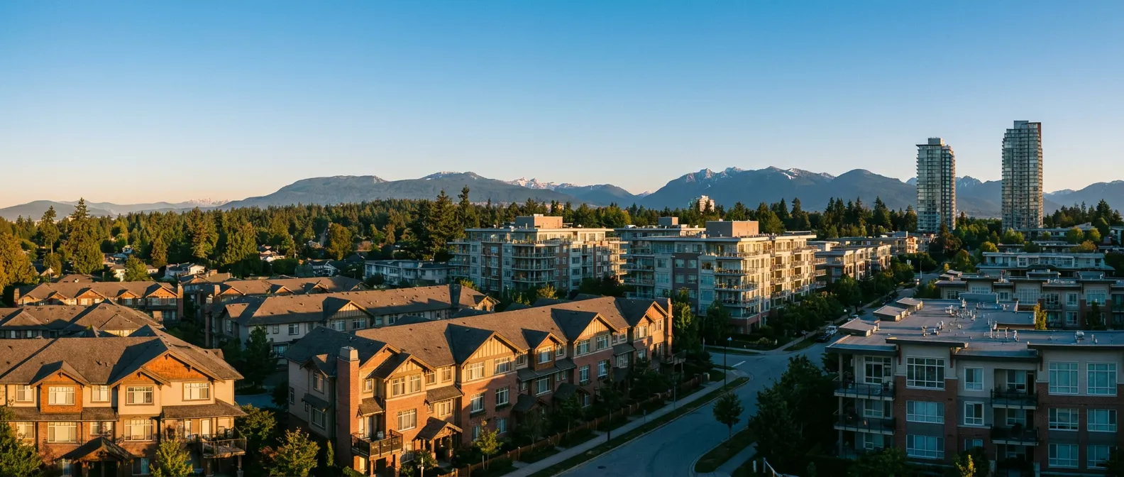 Townhouses, mid-rise condos and towers in a Metro Vancouver neighbourhood, mountains behind