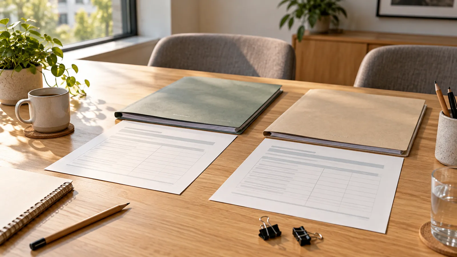 Illustrative scene of proposal folders and comparison sheets on a sunlit table