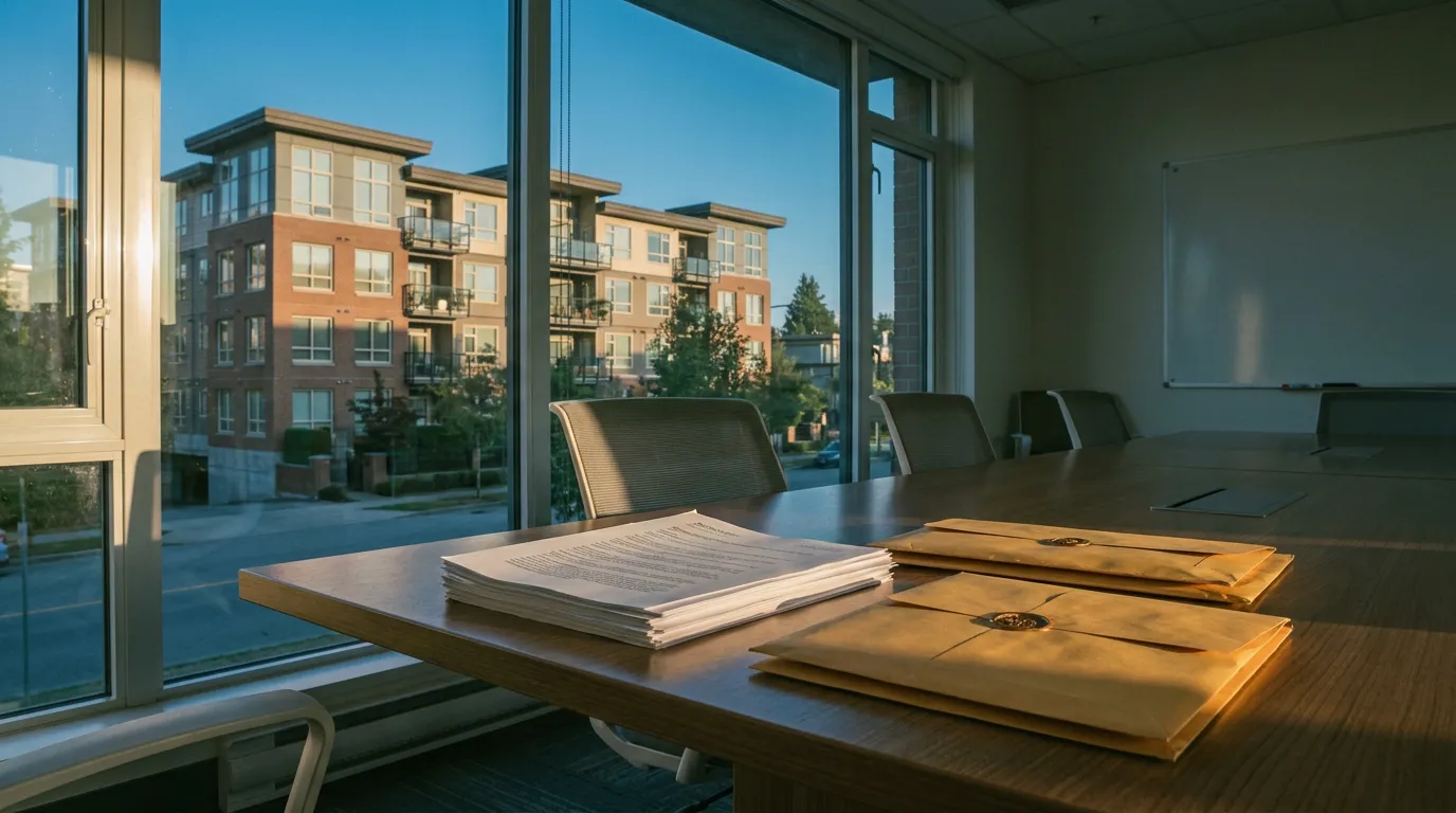 Printed council packets on a meeting-room table, condo buildings outside the window