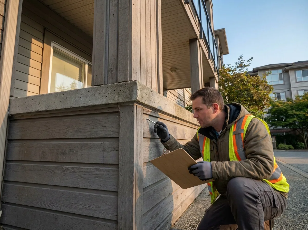 Illustrative scene: worker inspecting exterior cladding beside a balcony.