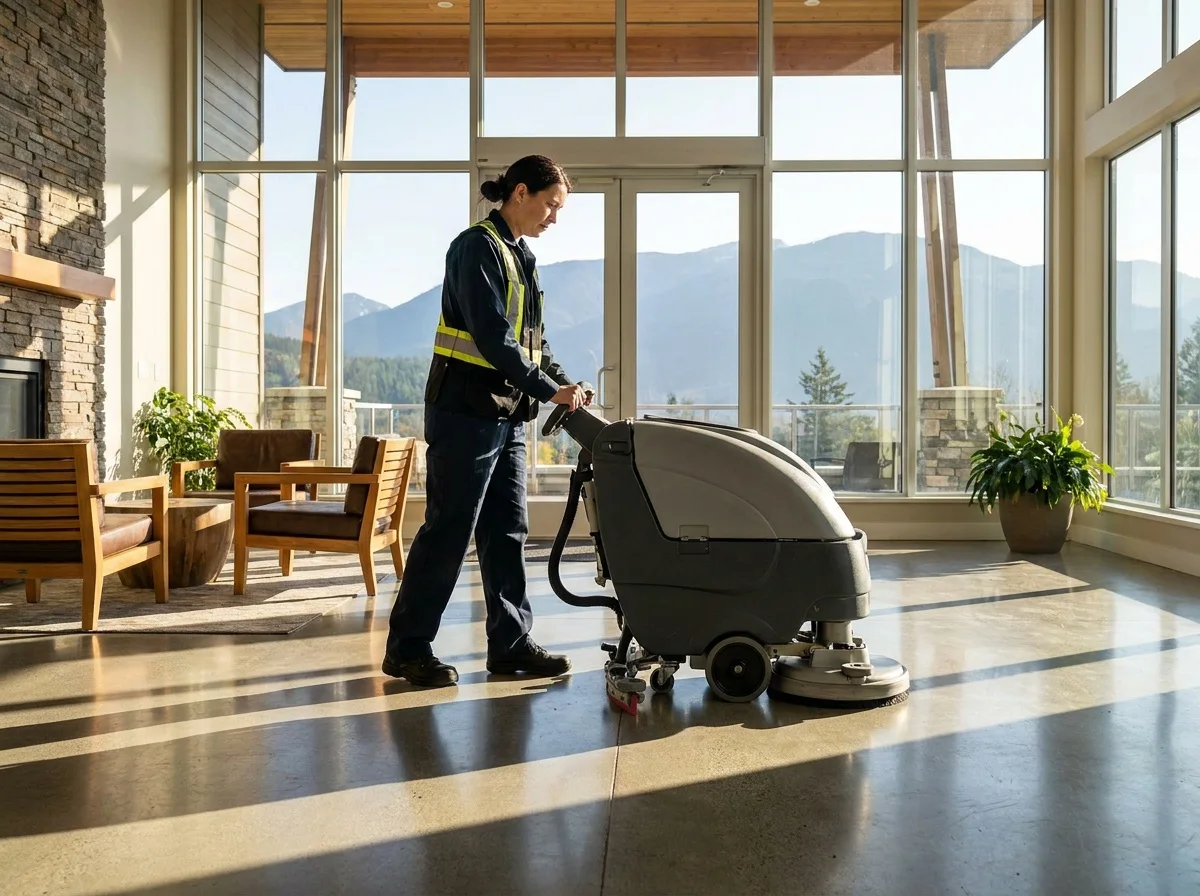 Illustrative scene: cleaner operating a floor scrubber in a lobby.