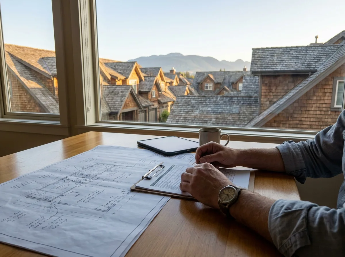 Illustrative scene: building plans and inspection notes on a table beside a window.