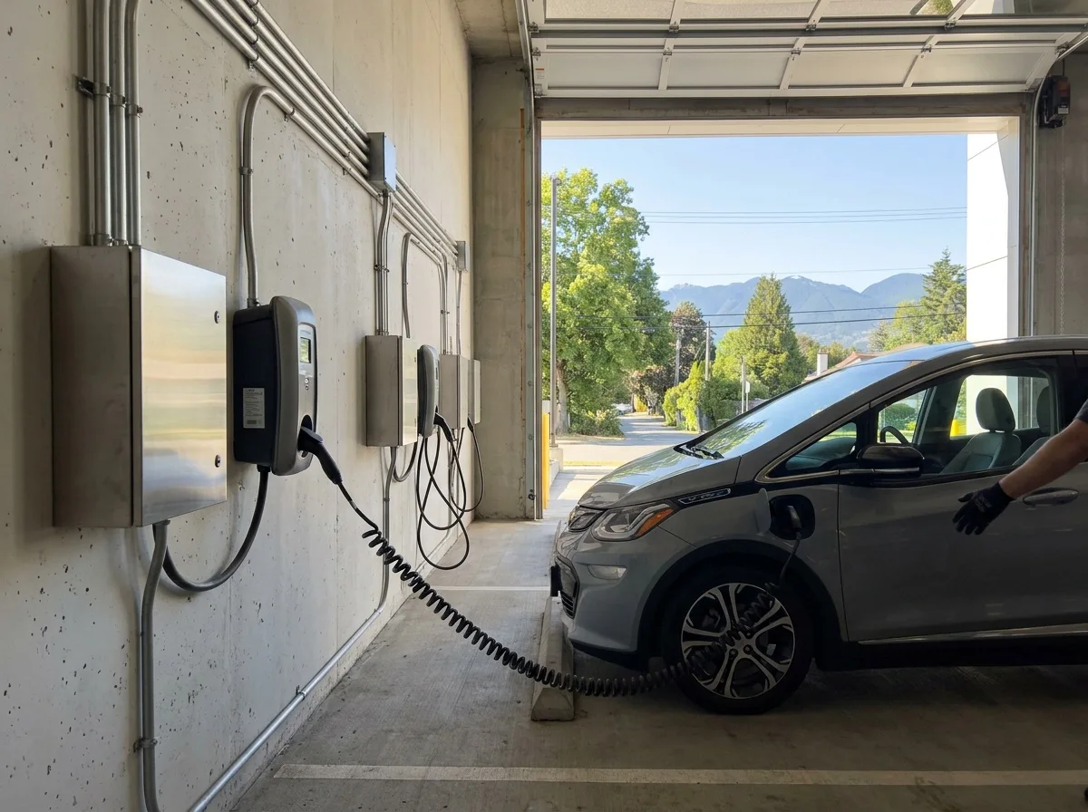Illustrative scene: wall-mounted EV chargers and a parked car in a garage.