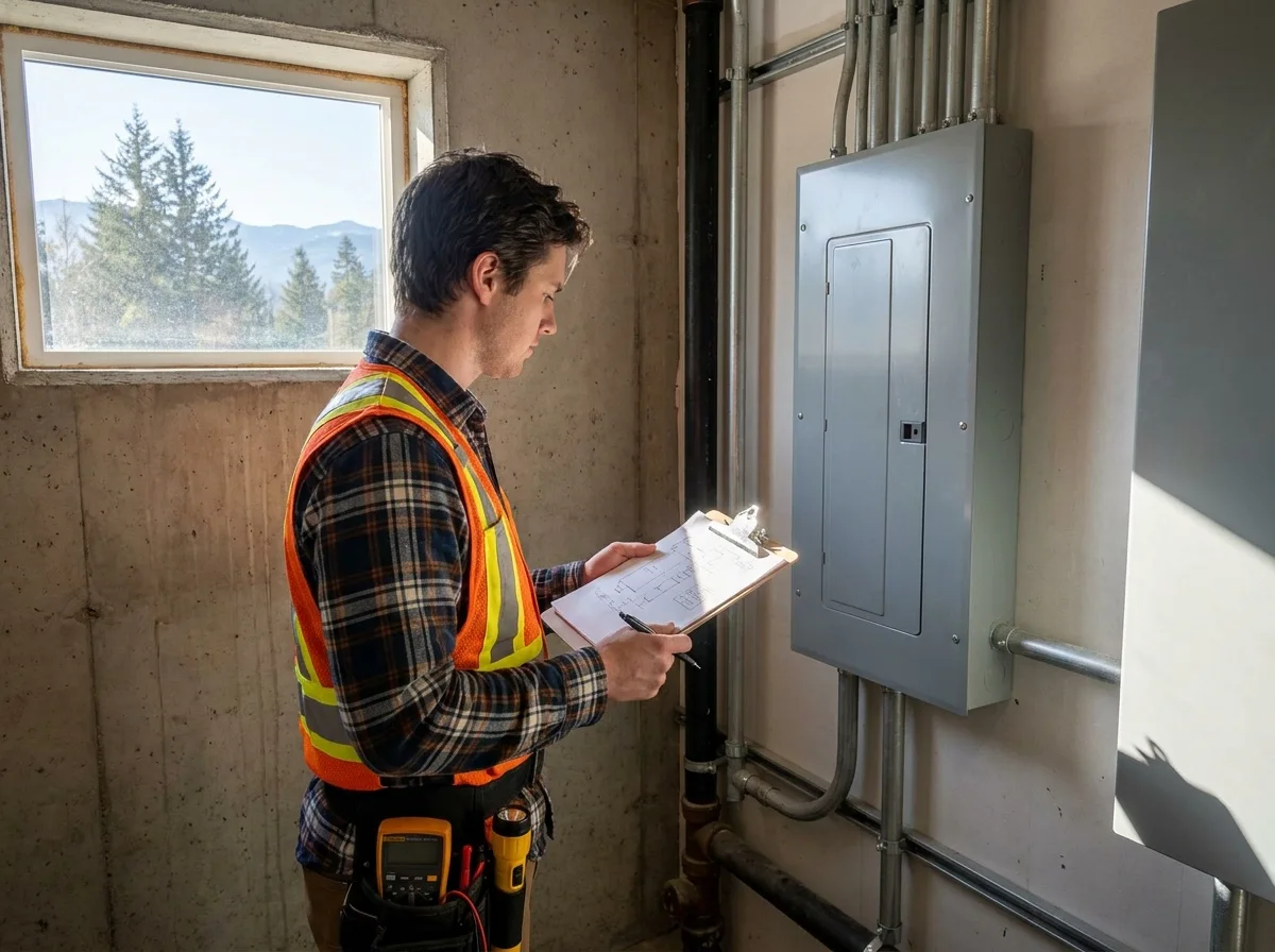 Illustrative scene: person reviewing notes beside a closed electrical panel.