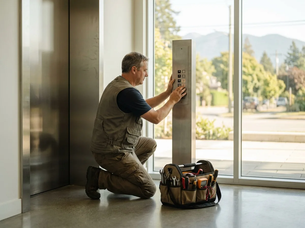 Illustrative scene: person checking an elevator-side control panel.