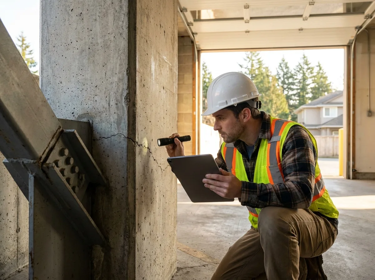 Illustrative scene: worker examining a cracked concrete column with a flashlight and tablet.