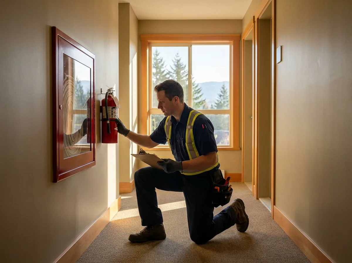 Illustrative scene: person checking a wall-mounted fire extinguisher in a corridor.