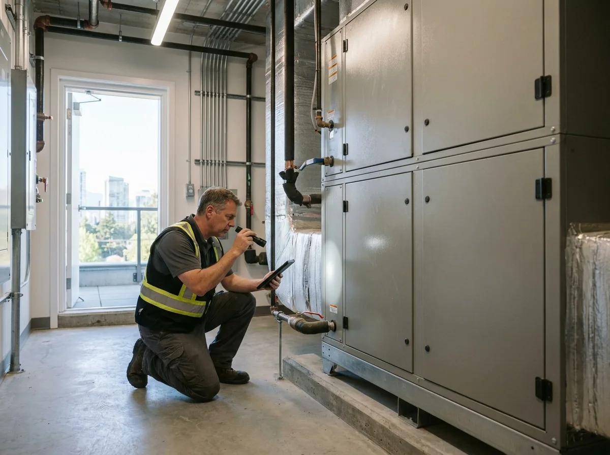 Illustrative scene: worker examining air-handling equipment in a service room.