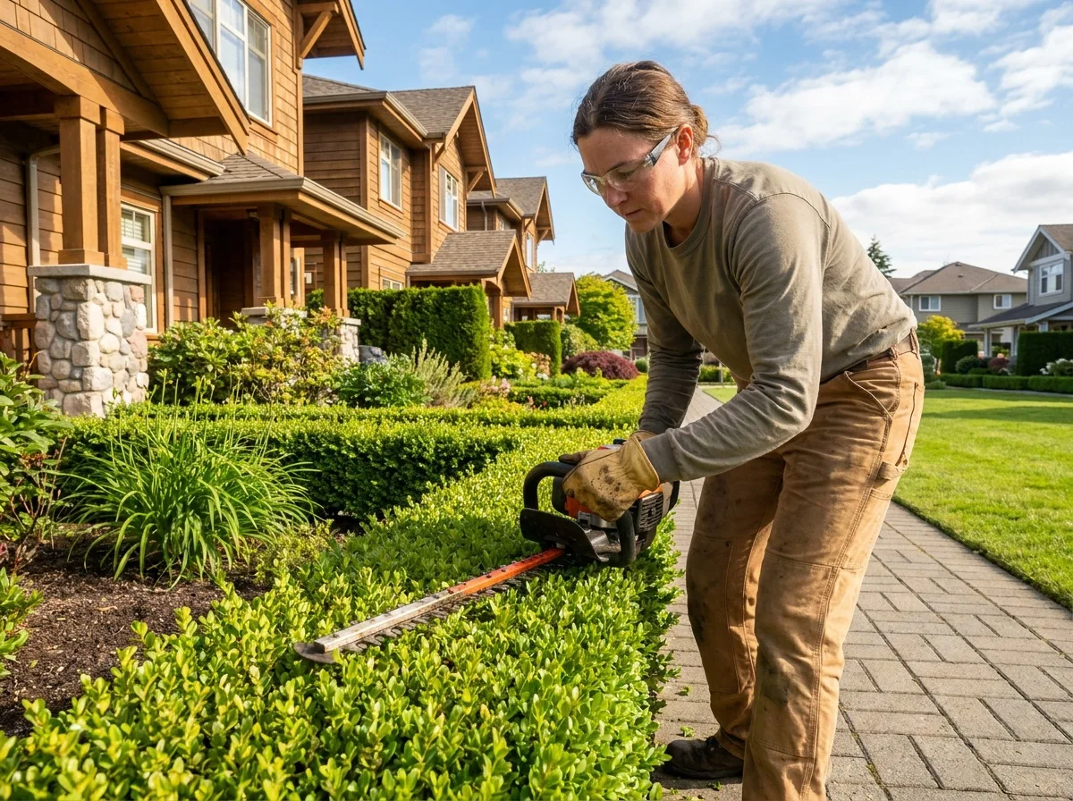 Illustrative scene: person trimming a hedge beside a townhouse walkway.