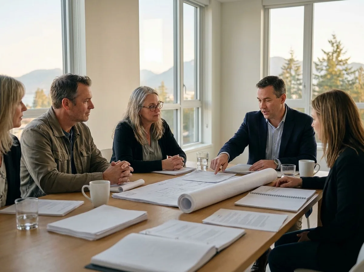 Illustrative scene: people reviewing documents around a meeting-room table.
