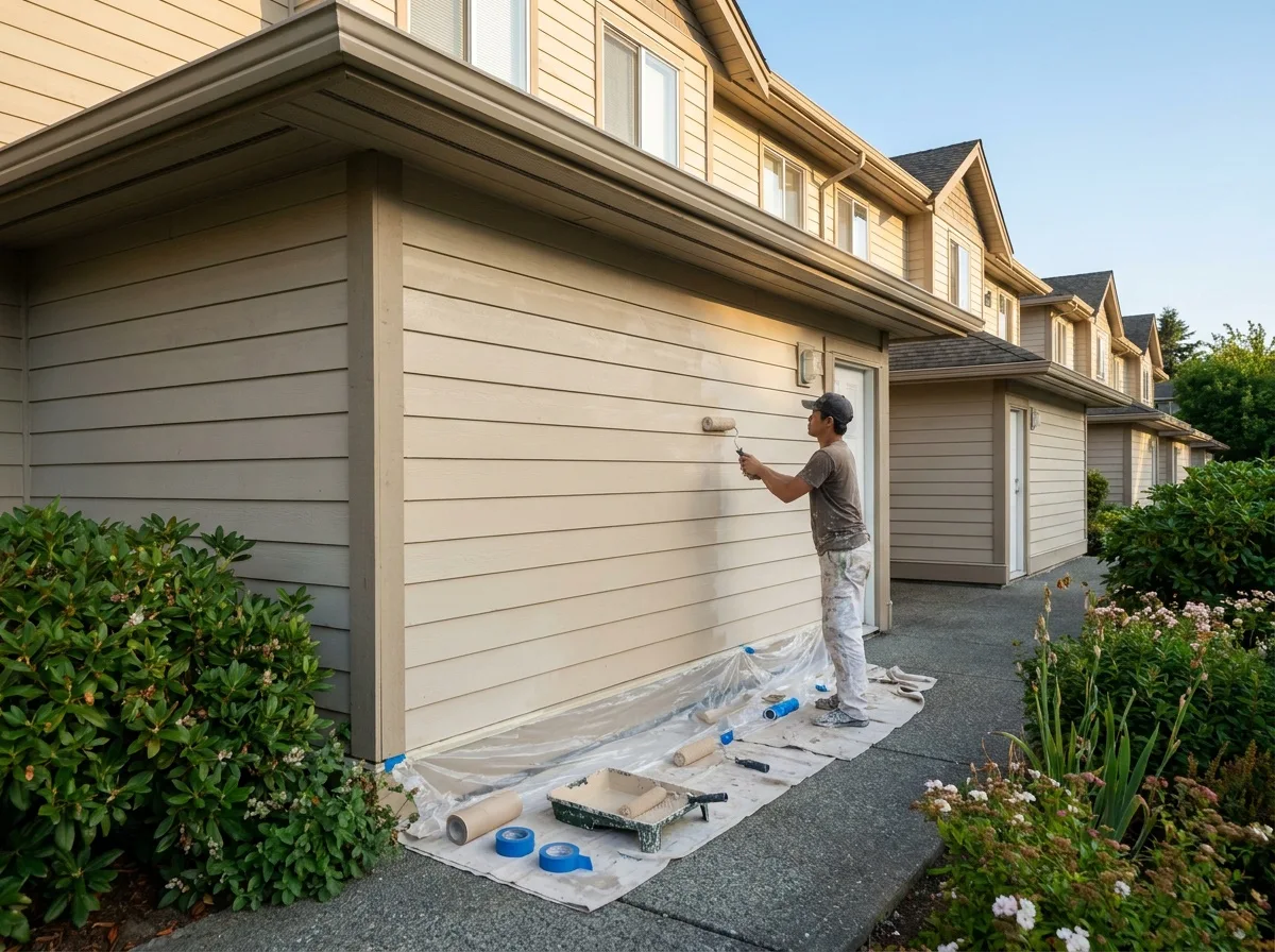 Illustrative scene: person painting townhouse exterior siding with a roller.