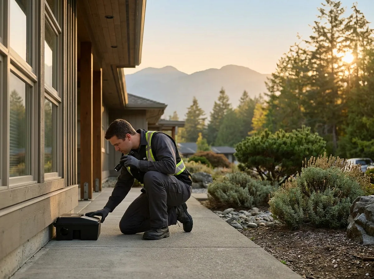 Illustrative scene: technician inspecting a bait station along a building's exterior wall.