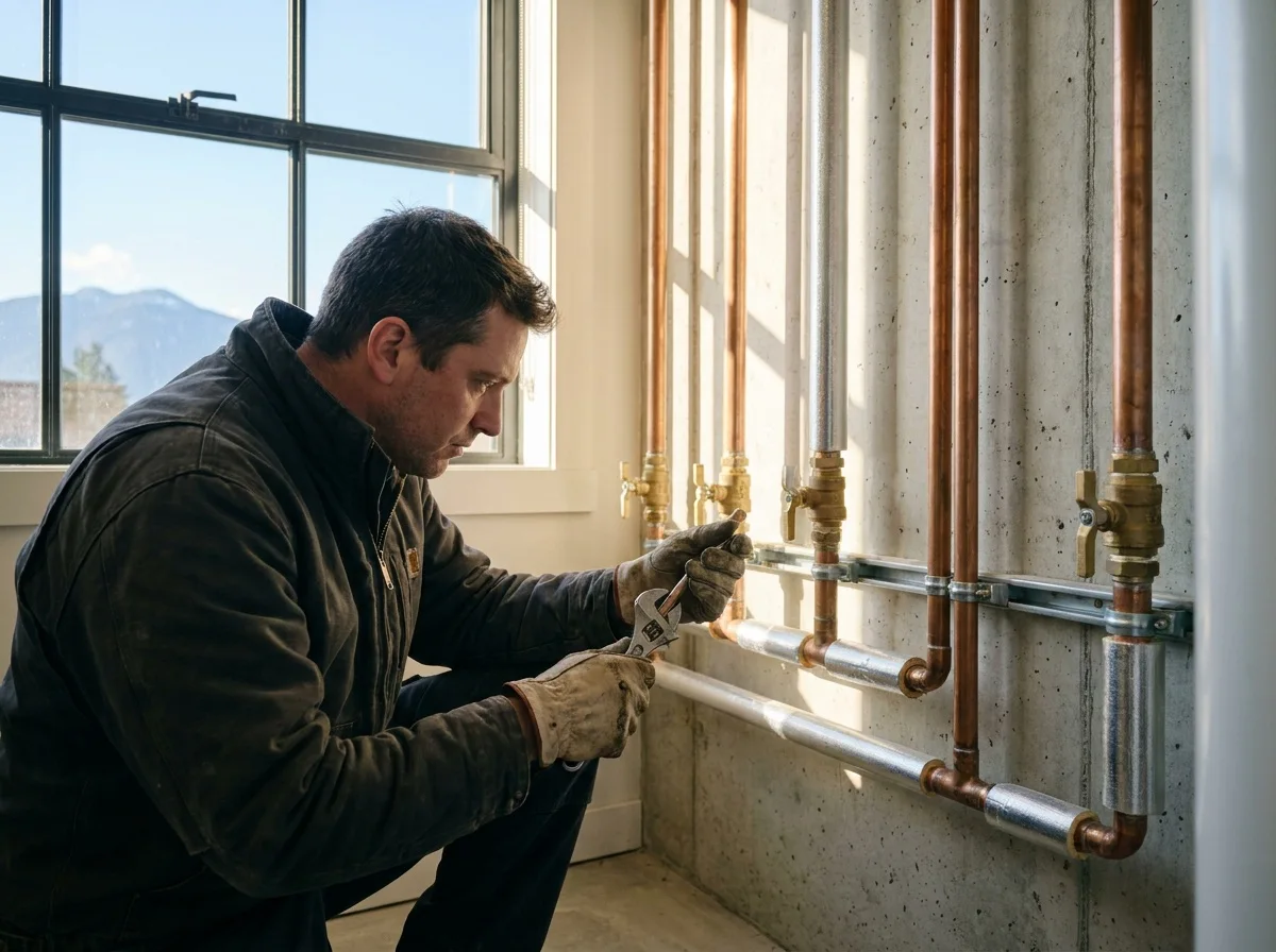 Illustrative scene: worker examining copper piping and valves in a service room.