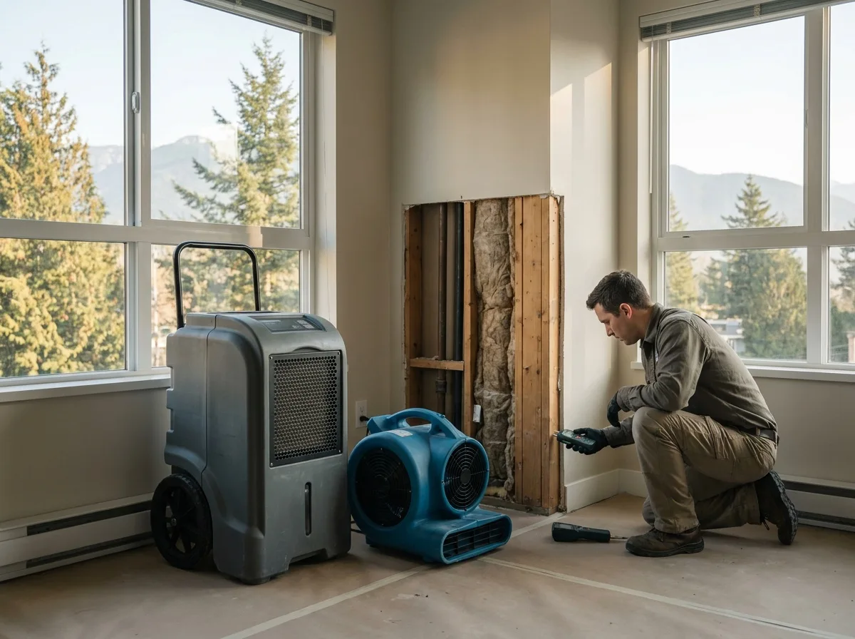 Illustrative scene: worker beside drying equipment and an opened wall.