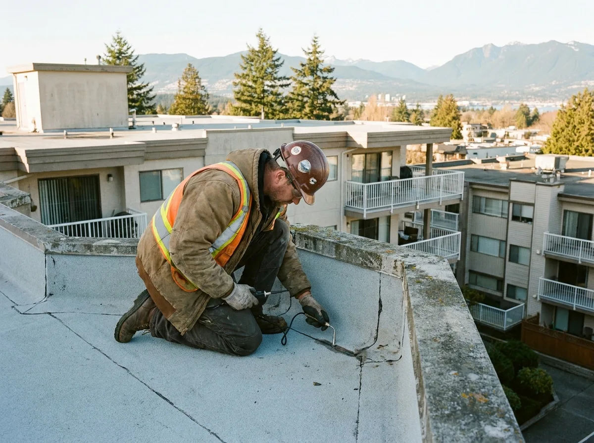 Illustrative scene: worker examining a flat-roof surface beside a parapet.