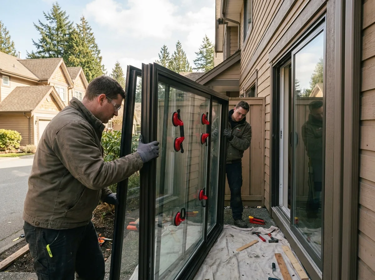 Illustrative scene: two workers handling a framed glass unit beside a townhouse.
