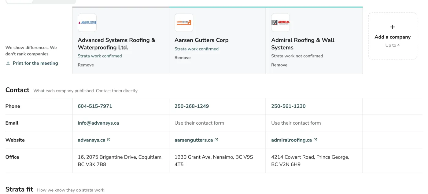 Three roofing companies side by side, with their contact details, office and strata work status