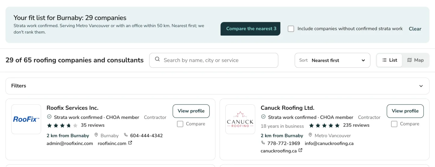 A roofing fit list for Burnaby: companies with confirmed strata work, each card showing its distance from Burnaby