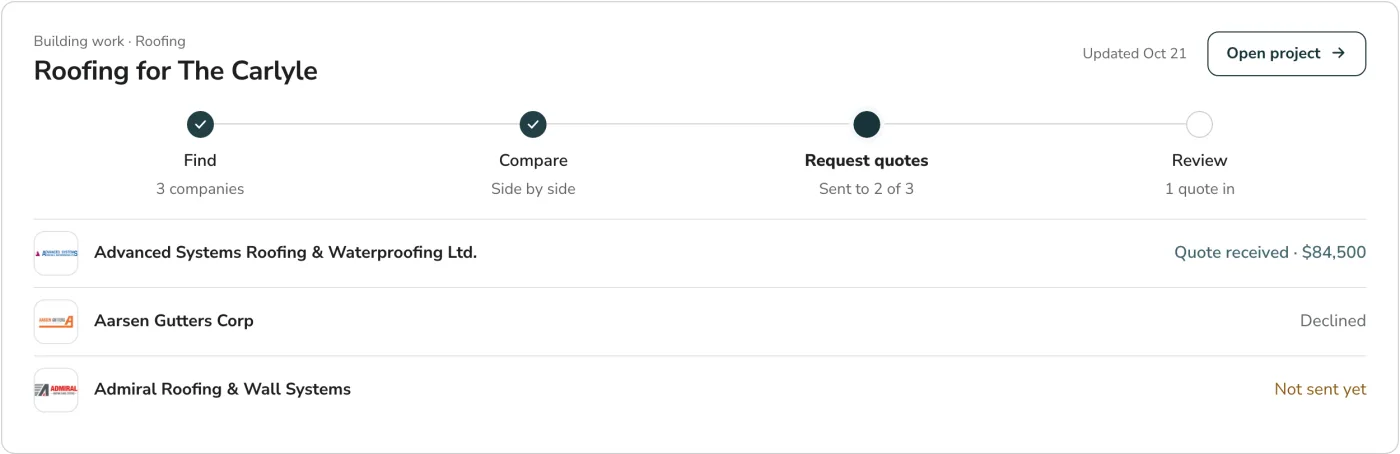A roofing project card: find, compare and request quotes done, and each company's reply such as a quote received with its price